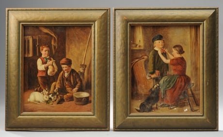 Pair Antique Genre Paintings, Children & Pets