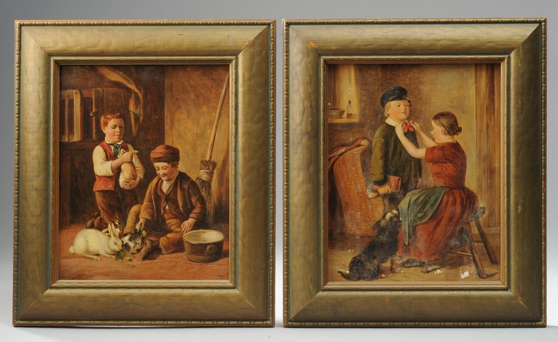 Pair Antique Genre Paintings, Children & Pets (1 of 10)