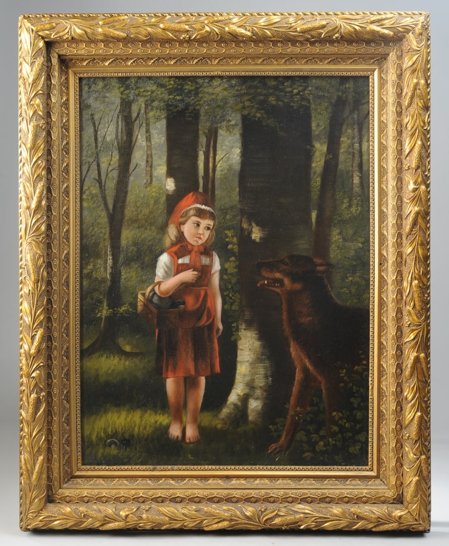 19th / 20th C. Painting, Little Red Riding Hood: Large oil on canvas depicting Little Red Riding Hood meeting the wolf in the dark forest. Appears to be based on an 1890 chromolithograph. Late 19th - early 20th C. No signature found. Incredible gilt