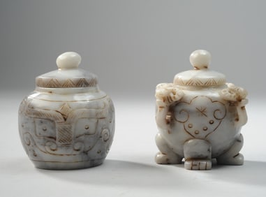 Two White Hardstone Carved Covered Jars