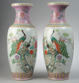 Pair 24" Chinese Famille Rose Peacock Vases