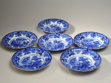 Set of 6 W. Adams & Co. Flow Blue Ironstone Bowls