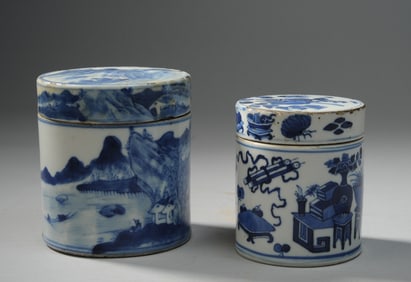 Two Antique Chinese Blue & White Lidded Jars