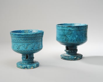 Two Islamic Turquoise Pottery Pedestal Bowls