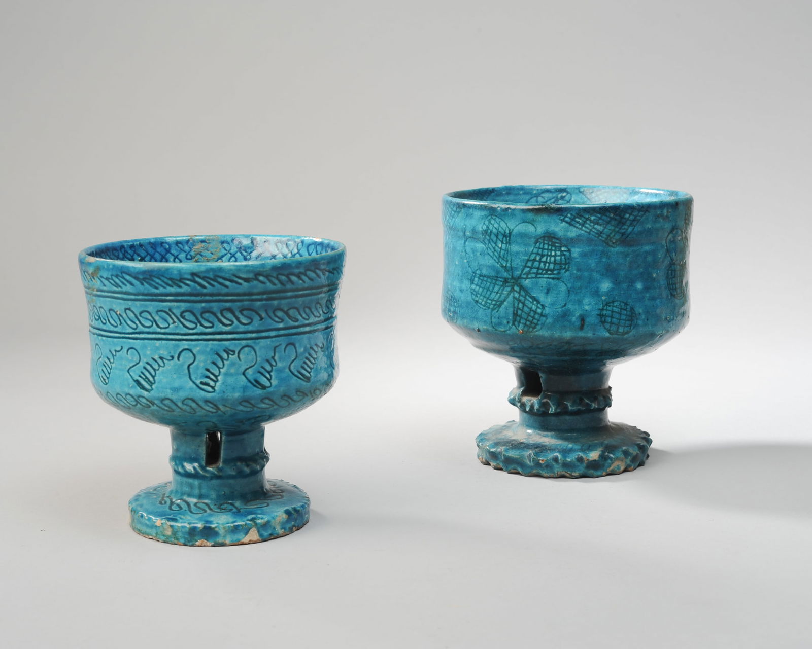 Two Islamic Turquoise Pottery Pedestal Bowls (1 of 7)