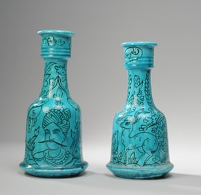 Pair Kashan Turquoise Blue Pottery Huqqa Bases