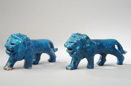Pair Islamic Pottery Lions Turquoise Glaze