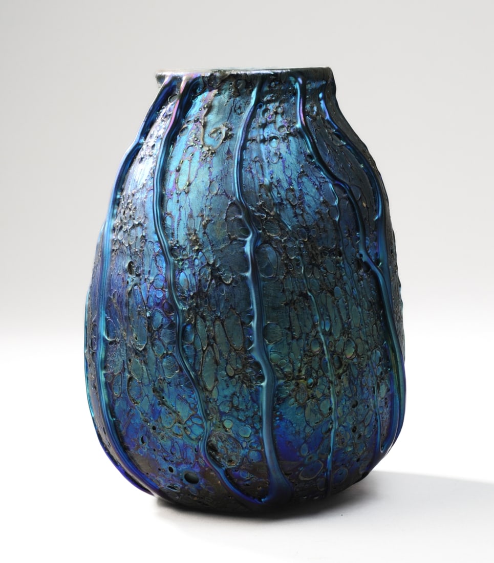 Vintage Zephyr Iridescent Studio Glass Vase: Peacock blue iridescent 'oil spot' ovoid glass vase with applied trailing, giving a webby, organic texture. Signed to base: Zephyr / J. Cut __? Possibly John Cutright; the second part of the surname i