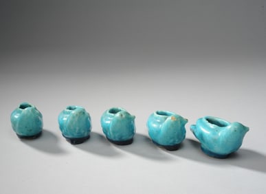 5 Small Persian Turquoise Glazed Bird Vessels