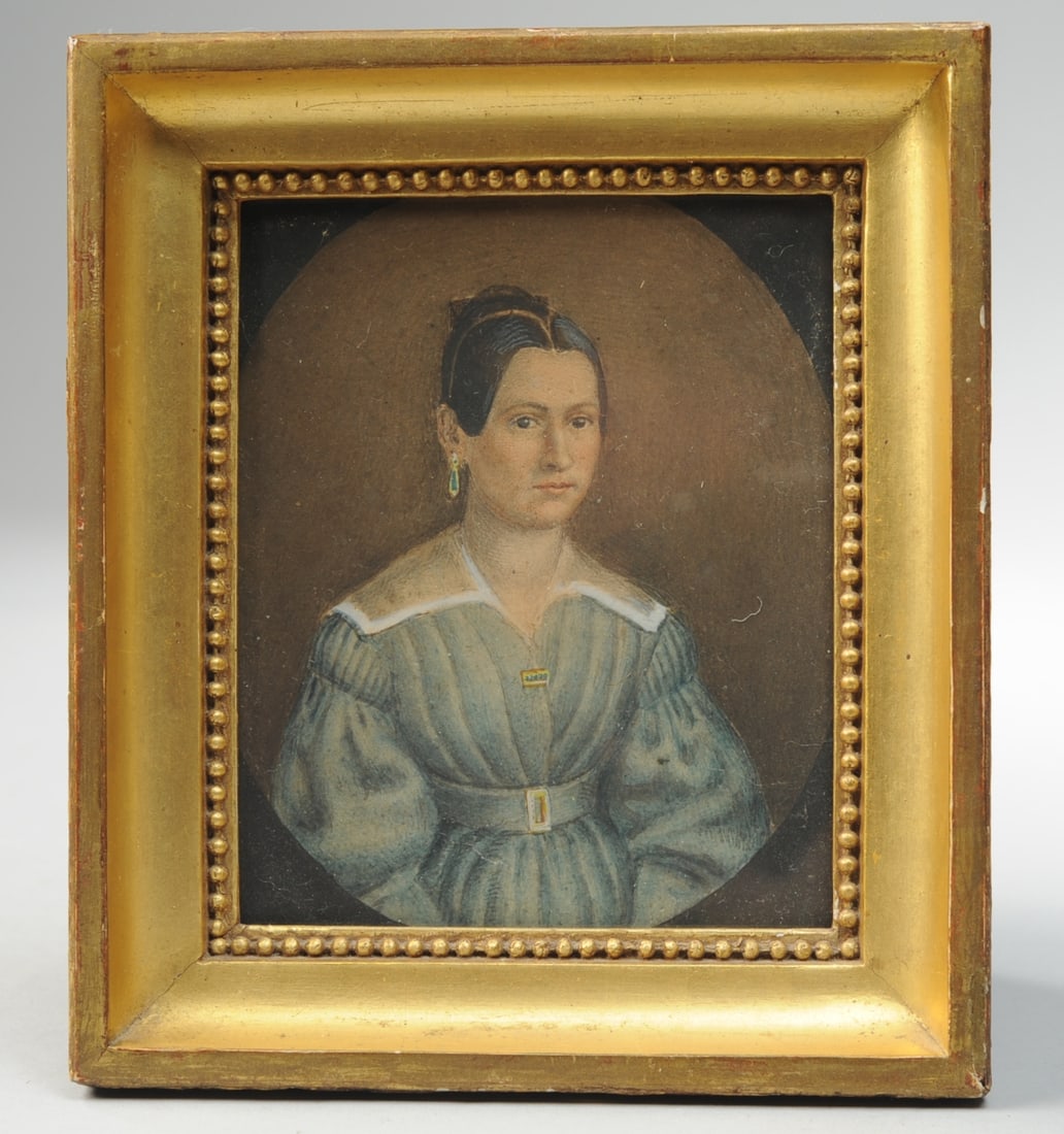 19th C. Portrait Miniature of a Lady: Framed watercolor on paper portrait of a lady in blue dress, white collar, c. 1840s-50s. Not signed. Gilt frame, approx. 4 3/4" x 6 3/4". Sight, approx. 3 3/4" x 4 3/4". Seamless shipping is available