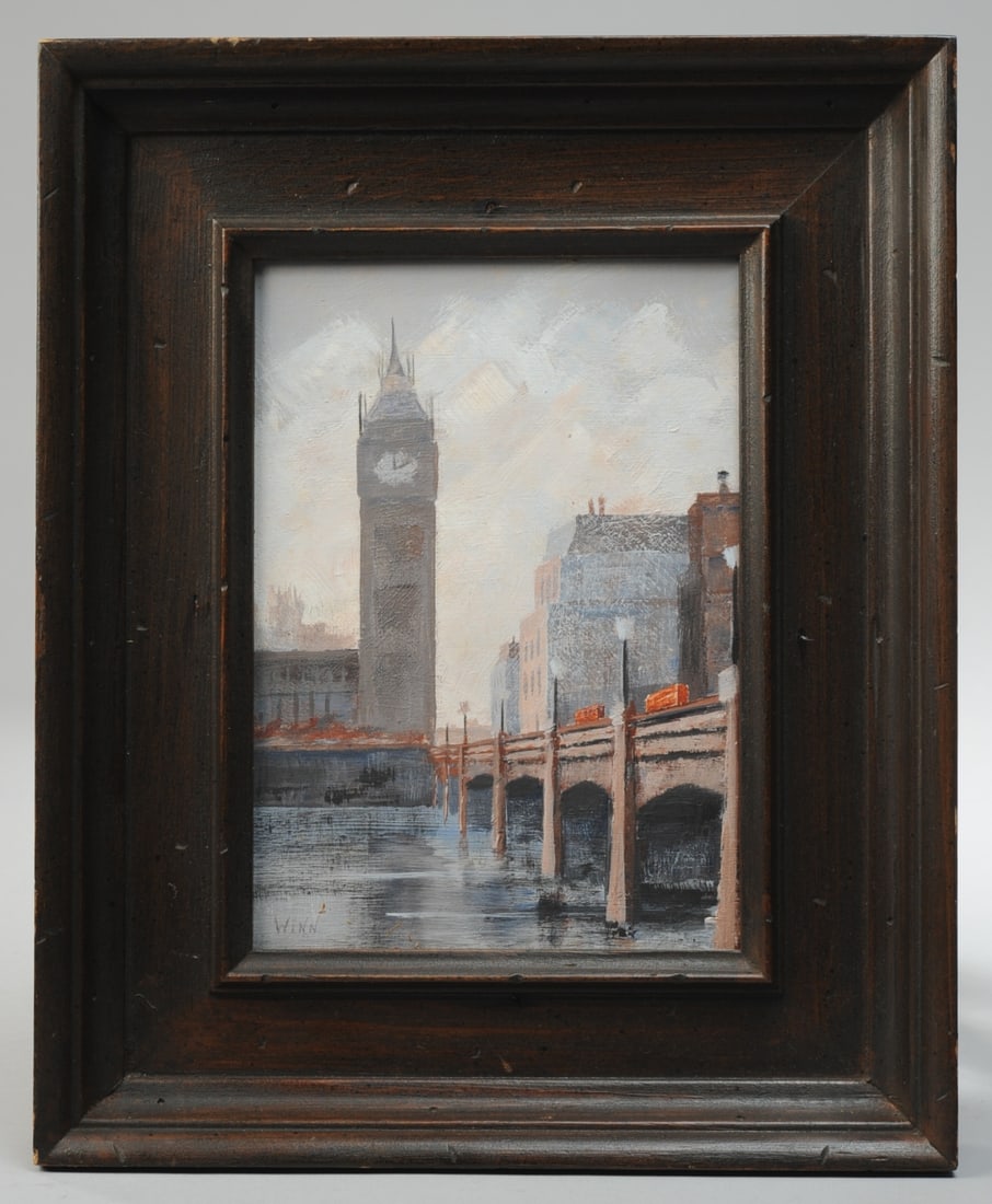 Vintage Oil Painting of Big Ben, London: Framed oil on masonite depicting a view of Big Ben and Westminster Bridge in London. Signed lower left: "Winn". Not dated but likely mid 20th C. Frame, approx. 10 3/4" x 8 5/8". Sight, approx. 6 3/4"