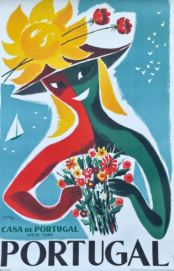 Vintage "Casa de Portugal New York" Travel Poster: Original color lithograph travel poster titled "Portugal – Casa de Portugal New York," designed and signed in plate by "Oskar", marked as a limited run of 5,000 copies, vibrant mid-century modern gr