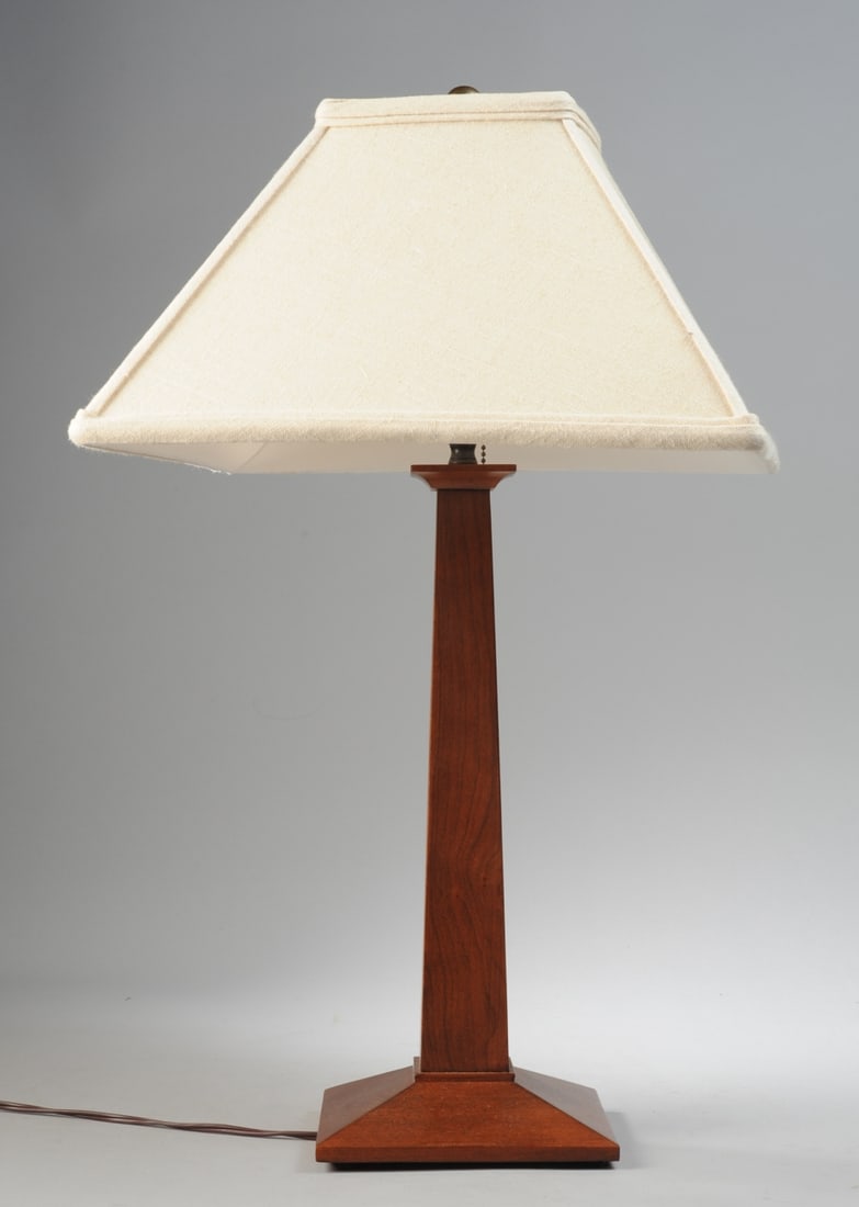 Stickley Table Lamp: Marked to underside, early 21st century, with shade, tested / working. H: approx. 25 1/4", shade: approx. 14 3/4" x 14 3/4" x 8 3/8". Seamless shipping is available through LiveAuctioneers at checkout