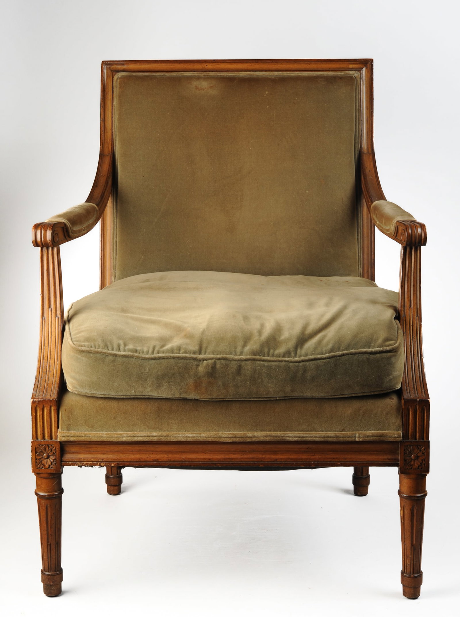 Vintage Fauteuil Occasional Chair: 20th C. Louis XVI Style fauteiul with moss green velvet upholstery, down cushion to seat. Minor stains / discoloration to upholstery. Otherwise very good condition. Approx. 25 1/4" W x 25" D x 33 3/4"