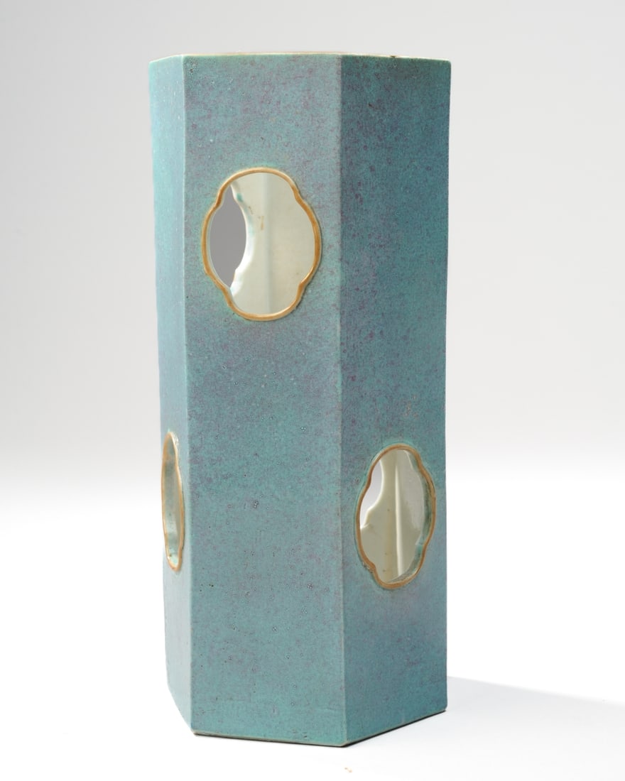 Chinese Lu Jun Glaze Hat Stand: Hexagonal hat stand with quatrefoil vents, with Lu Jun robin's egg blue glaze. Brown dressing to rim and around vents. Drilled for lamp, obscuring the mark, but appears to be a red hand painted late Q