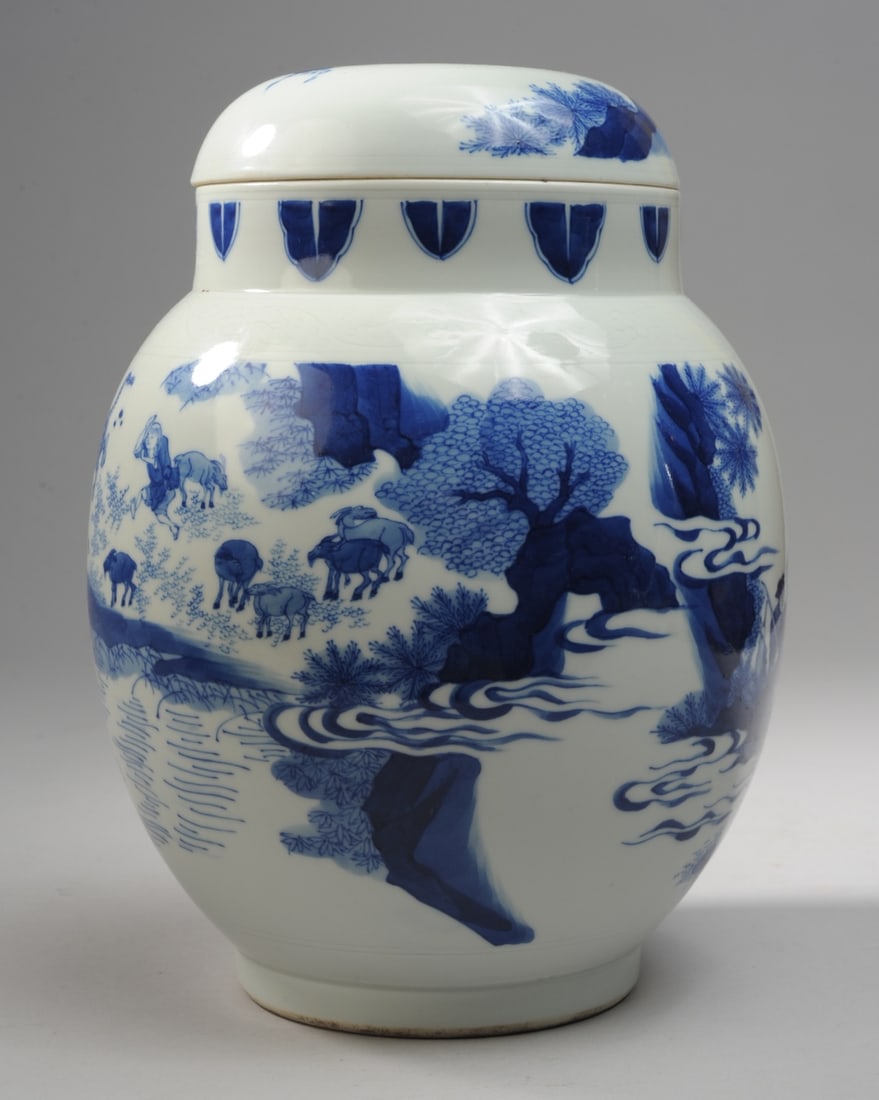 Chinese Porcelain Blue & White Covered Jar: With hunting scene. H: approx. 10 1/2". Dia: approx. 7 1/4". Seamless shipping is available through LiveAuctioneers at checkout, but you are welcome to arrange your own shipping if you prefer—many b