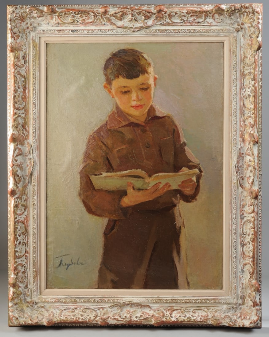 Anna Antonova Goloubova (Russian, b. 1915): 1953 oil on artist's board titled "Nephew" showing a young boy reading a book. Signed lower left, titled and dated to verso. Frame, approx. 27 1/2" x 35 1/4". Sight, approx. 19 1/2" x 27". VHC #2 Seam
