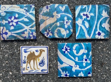 Set of 4 Antique Iznik Style Qajar Tiles + 1 More