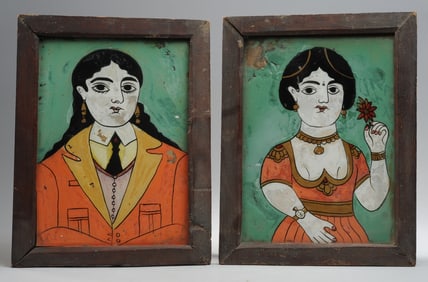Pr. Persian Folk Reverse-Glass Painted Portraits