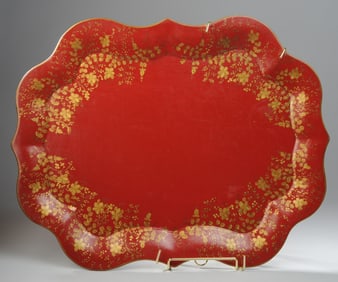 Large Red & Gilt Hand Painted Tole Tray