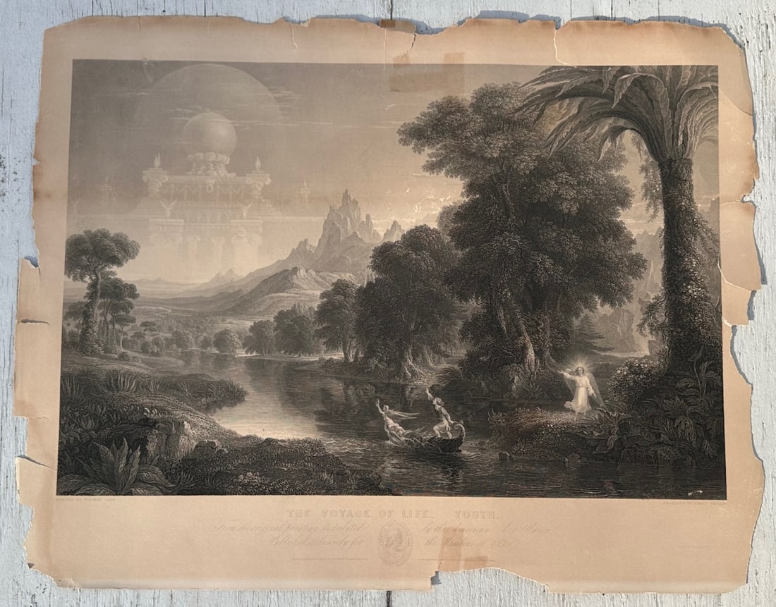 Antique Print The Voyage of Life - Youth: Engraving titled "The Voyage of Life – Youth," after a painting by Thomas Cole. Published by the American Art Union for distribution to its members, bearing the American Art Union seal. Depicts the