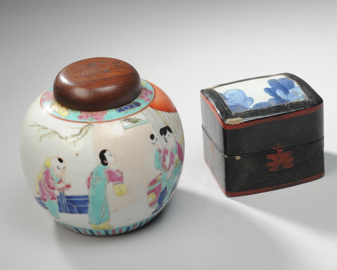 Chinese Famille Rose Jar Qing / Republic +: Round porcelain jar decorated with images of a noblewoman and her attendants on a terrace, with turquoise ground peony border at neck and lappet border at base. Unmarked. Probably late 19th-early 20th