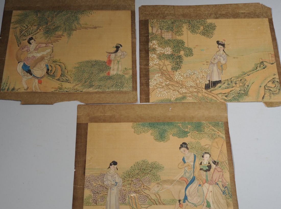 3 Chinese Qing Dynasty Scroll Paintings: Approx. 9 3/4" x 9 3/4". Seamless shipping is available through LiveAuctioneers at checkout, but you are welcome to arrange your own shipping if you prefer—many bidders find this can be the more eco