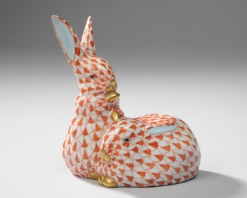 Herend Orange Fishnet Rabbit Group
