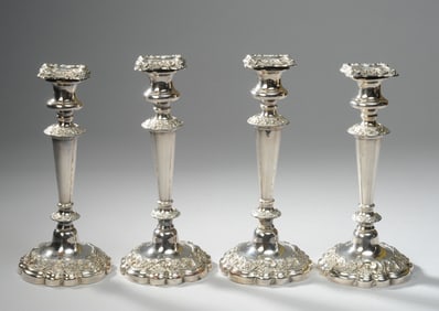 Two Pairs Weighted Silver over Copper Candlesticks