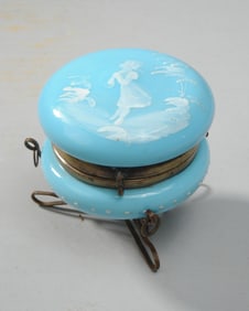 Blue Opaline Glass Mary Gregory Style Powder Jar