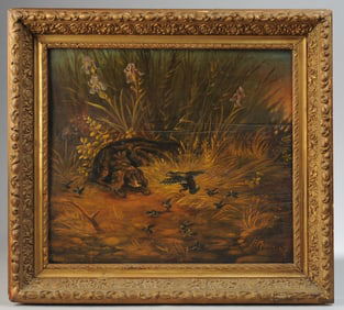 19th C. Oil on Panel, Dog Flushing Quail