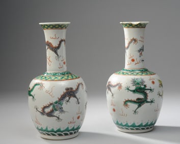 Chinese Sgraffito and Famille Verte Dragon Vases