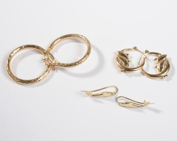 Three Pairs 14K Gold Earrings