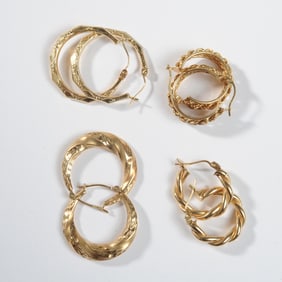 Four Pairs 14K Gold Hoop Earrings