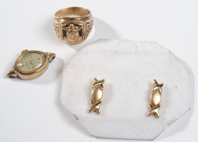 10K Gold Earrings, Class Ring and Watch