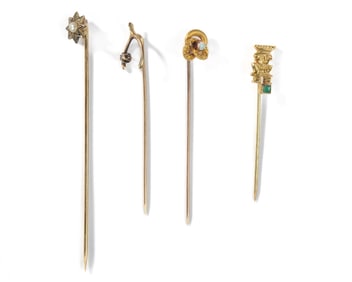 Four Gold Stick Pins, 14K & 10K