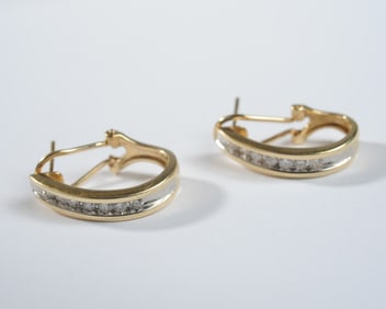 Pair 14K Gold & Diamond Hoop Earrings