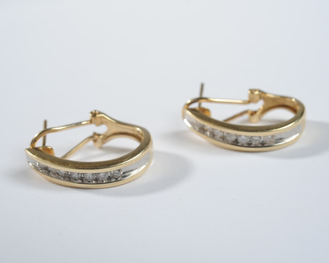 Pair 14K Gold & Diamond Hoop Earrings (1 of 3)