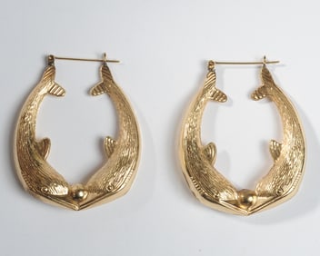 Pair 14K Gold Dolphin Hoop Earrings