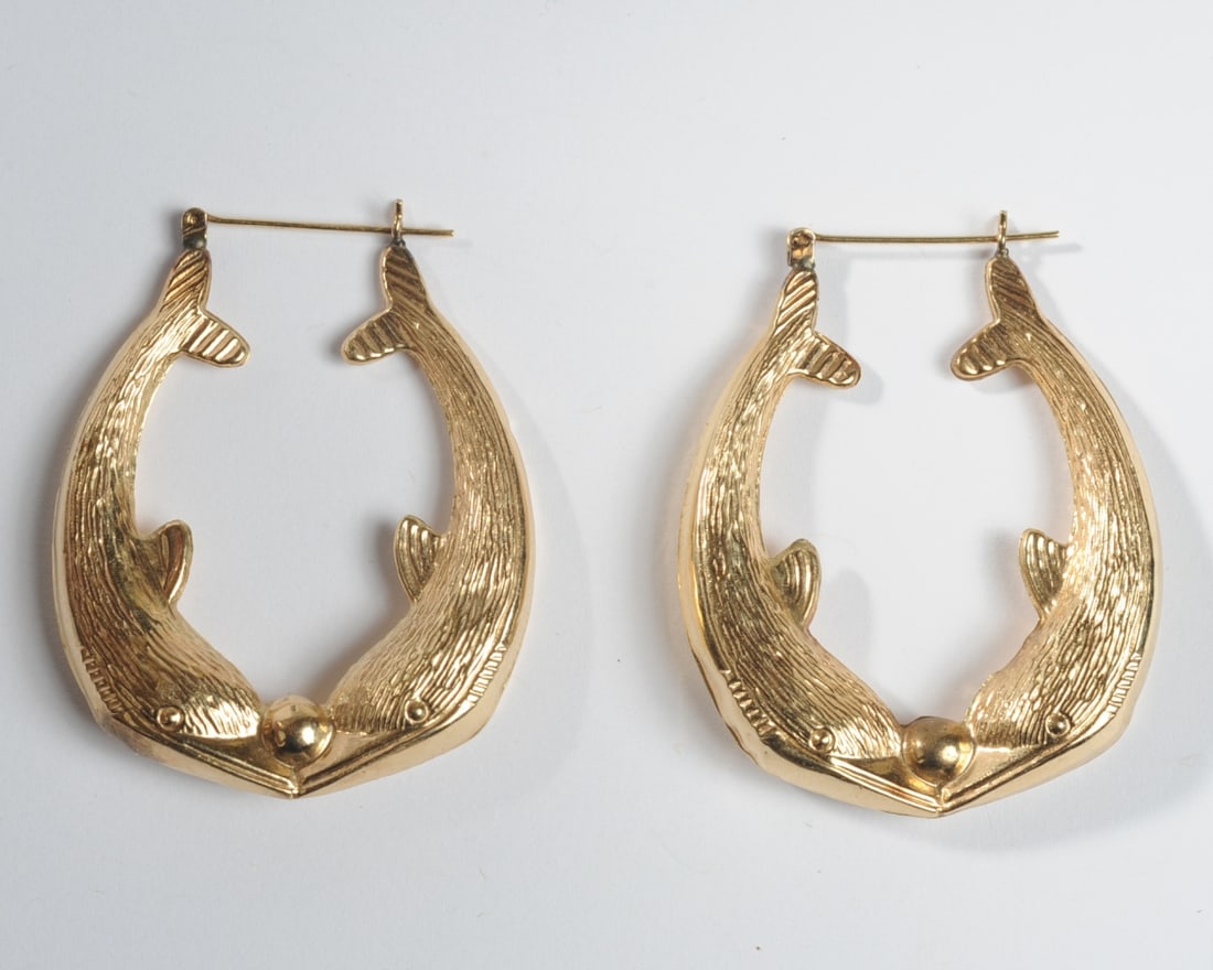 Pair 14K Gold Dolphin Hoop Earrings (1 of 2)