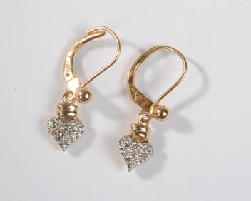 Pair 14K Gold & Diamond Heart Drop Earrings