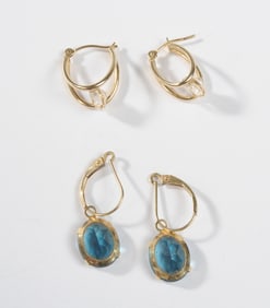 Two Pairs 14K Gold & Synthetic Stone Earrings