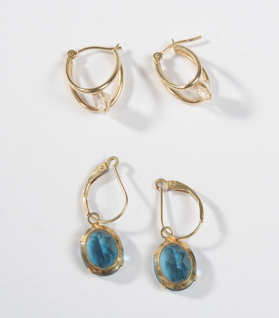 Two Pairs 14K Gold & Synthetic Stone Earrings: Total weight: approx. 4.2 grams. PLEASE NOTE: First-time buyers of gold or silver may be required to pay by check or bank wire transfer; Credit card payments may not be accepted for these transactions