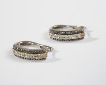 Pair 14K Gold Black & White Diamond Hoop Earrings