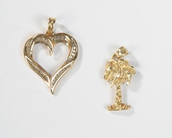 14K Gold & Diamond Heart & 14K Palm Tree Pendants