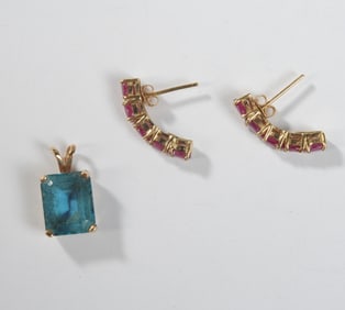 10K Gold Glass Filled Ruby Earrings & 10K Pendant