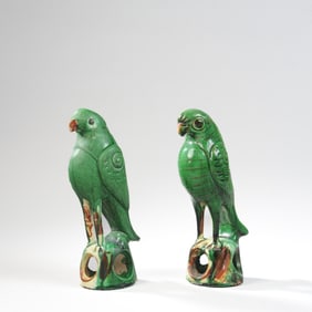 Near Pair Antique Chinese Export Parrots
