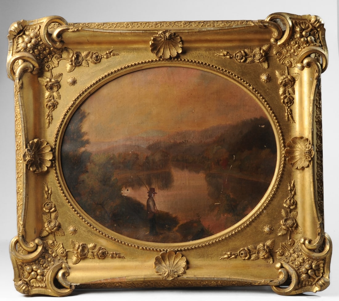Early 19th C. Folk Art Landscape Painting: Probably American, showing a gentleman in a tall hat in a landscape suggestive of the Hudson River Valley. At some point in the 20th C. the loose canvas was folded in on the sides to fit into the orna