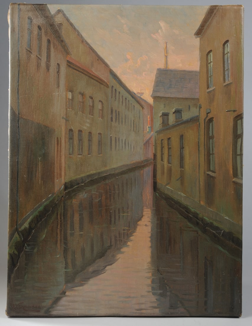 Early 20th C. Oil Painting, European Canal Scene: Oil on canvas painting of a European canal at dusk, with buildings rising up on each side shadowing the water and the remnants of sunset overhead. Signed lower left: W. Thomsen. Unframed. Approx. 24 1