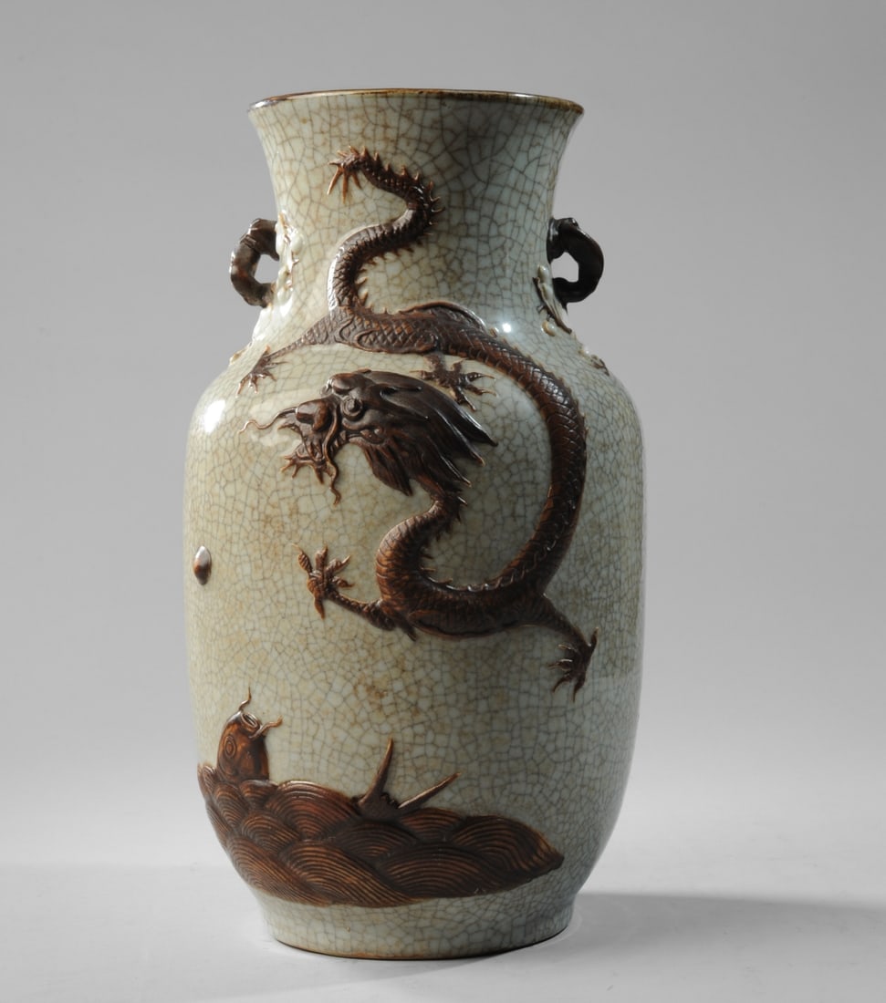 Chinese Republic Period Dragon Vase: Substantial vase with all-over ge-style crackle glaze on grayish ground. applied brown prunus handles, applied brown relief dragon, pearl, flying crane and swimming koi, with white-glazed blossoms. Br